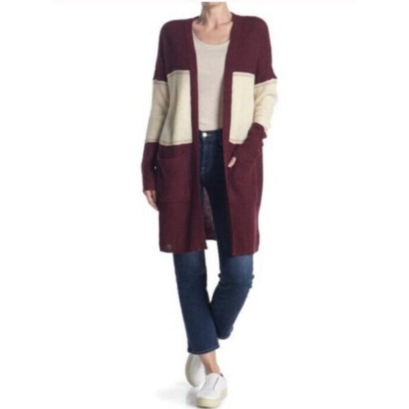 Sanctuary Womens Duster Sweater Maroon Color Block‎ Pockets Open Front SZ M - Picture 1 of 9